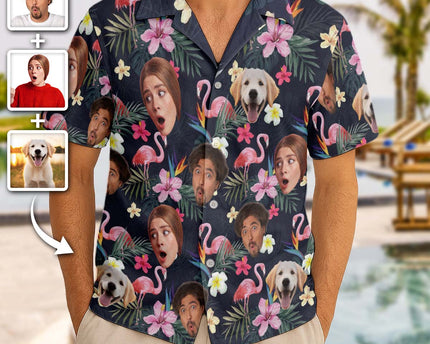 Custom Photo With Beloved Ones Flamingo Theme - Personalized Customized Hawaiian Shirt