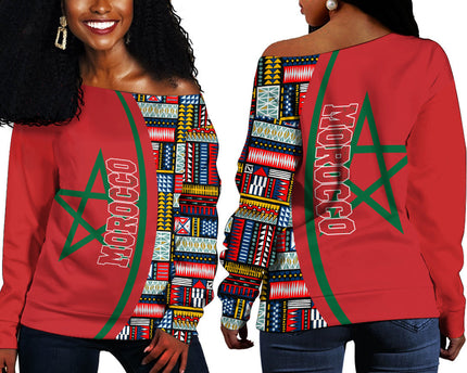 Morocco Flag and Kente Pattern Special Women's Off Shoulder Sweatshirts Female