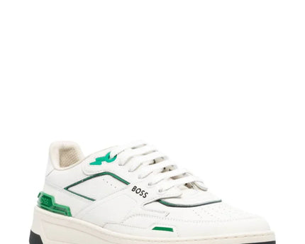 Men's BOSS Logo-Print Panelled Leather Green Sneakers