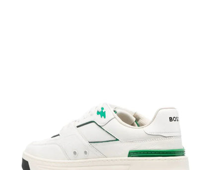 Men's BOSS Logo-Print Panelled Leather Green Sneakers