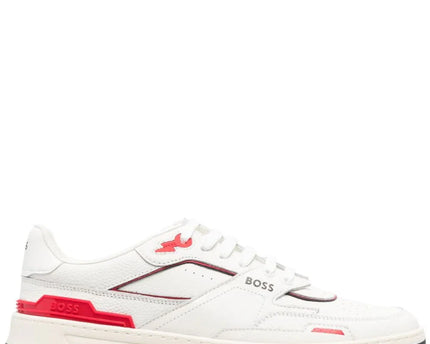 Men's BOSS Logo-Print Panelled Leather Red Sneakers