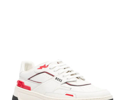 Men's BOSS Logo-Print Panelled Leather Red Sneakers