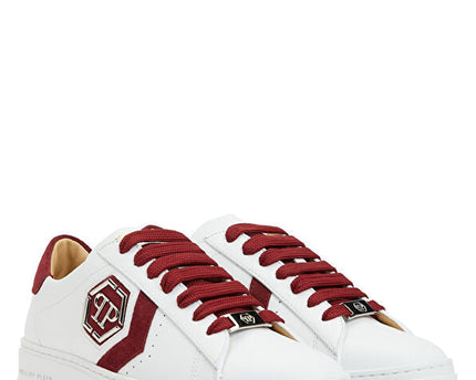 Philipp Plein Lo-Top Arrow Force Men's Leather Sneaker In White-Burgundy
