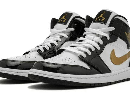 Men's Air Jordan 1 Mid Black Gold Patent Leather Shoes