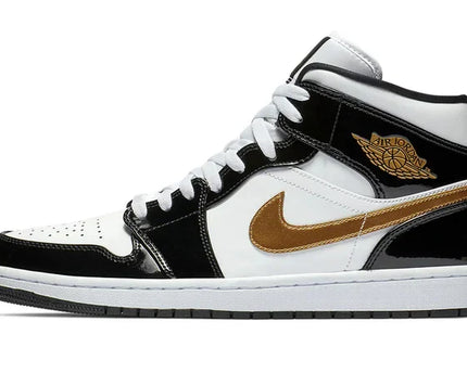 Men's Air Jordan 1 Mid Black Gold Patent Leather Shoes