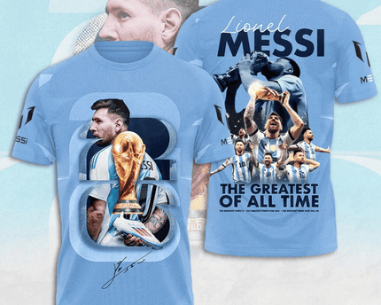Lionel Messi Argentina World Cup 2026 The GOAT 3D T-Shirt Fully Printed - Sky Blue