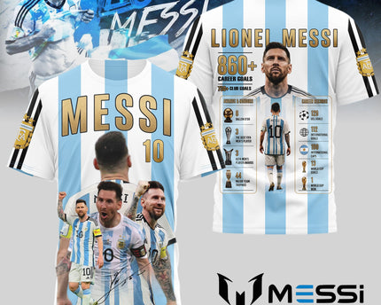 Lionel Messi Argentina World Cup 2026 860 Career Goals 3D T-Shirt Fully Printed - Sky Blue