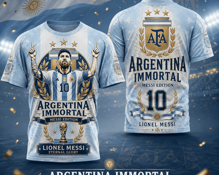 Lionel Messi Argentina World Cup 2026 Eternal Glory 3D T-Shirt Fully Printed - Sky Blue