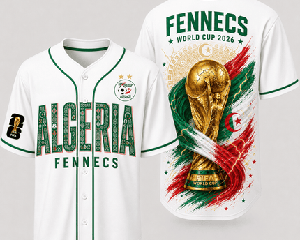Algeria World Cup 2026 Fully Printed Baseball Jersey - White - 230GSM