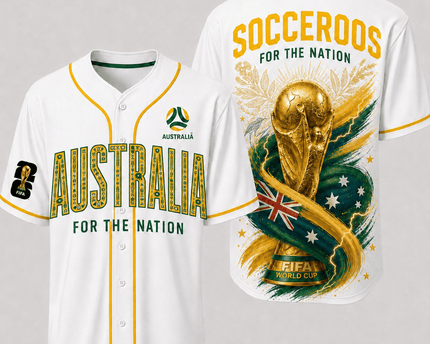 Australia World Cup 2026 Fully Printed Baseball Jersey - White - 230GSM