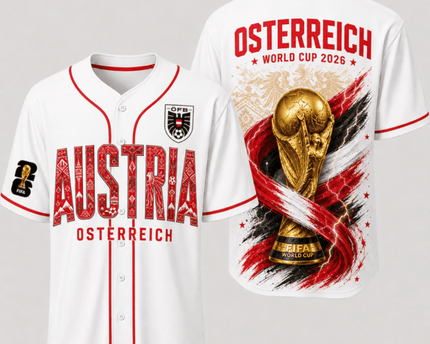 Austria World Cup 2026 Fully Printed Baseball Jersey - White - 230GSM