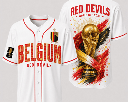 Belgium World Cup 2026 Fully Printed Baseball Jersey - White - 230GSM