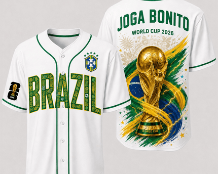 Brazil World Cup 2026 Fully Printed Baseball Jersey - White - 230GSM