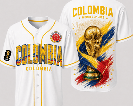 Colombia World Cup 2026 Fully Printed Baseball Jersey - White - 230GSM