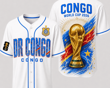 DR Congo World Cup 2026 Fully Printed Baseball Jersey - White - 230GSM