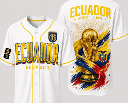 Ecuador World Cup 2026 Fully Printed Baseball Jersey - White - 230GSM