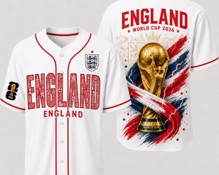 England World Cup 2026 Fully Printed Baseball Jersey - White - 230GSM