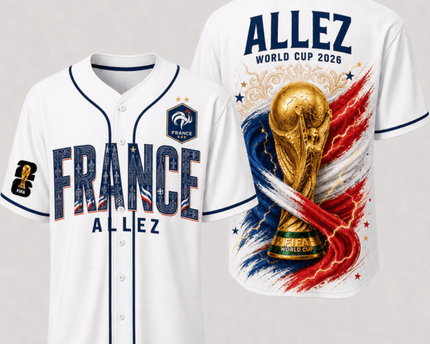 France World Cup 2026 Fully Printed Baseball Jersey - White - 230GSM