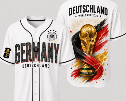 Germany World Cup 2026 Fully Printed Baseball Jersey - White - 230GSM