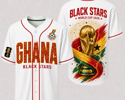 Ghana World Cup 2026 Fully Printed Baseball Jersey - White - 230GSM