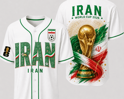 Iran World Cup 2026 Fully Printed Baseball Jersey - White - 230GSM