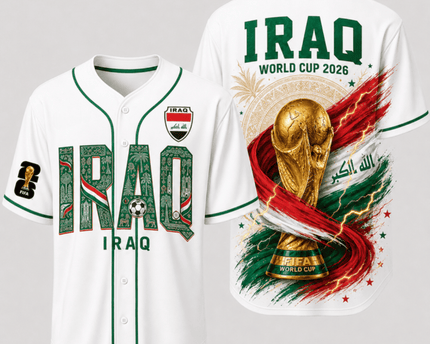 Iraq World Cup 2026 Fully Printed Baseball Jersey - White - 230GSM
