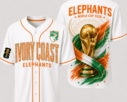 Ivory Coast World Cup 2026 Fully Printed Baseball Jersey - White - 230GSM