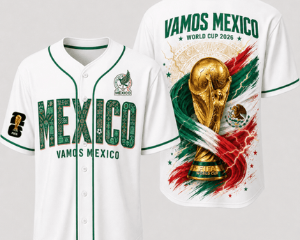 Mexico World Cup 2026 Fully Printed Baseball Jersey - White - 230GSM