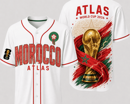 Morocco World Cup 2026 Fully Printed Baseball Jersey - White - 230GSM