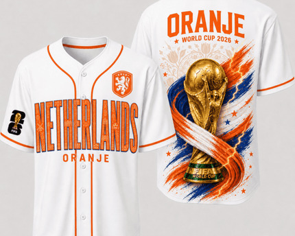 Netherlands World Cup 2026 Fully Printed Baseball Jersey - White - 230GSM