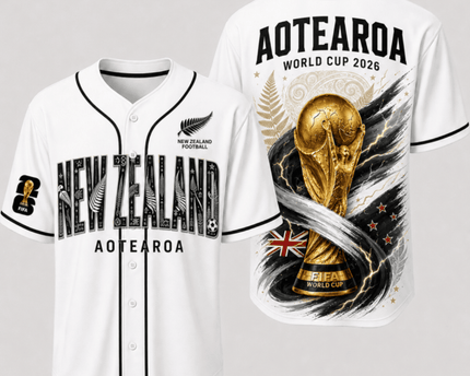 New Zealand World Cup 2026 Fully Printed Baseball Jersey - White - 230GSM