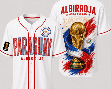 Paraguay World Cup 2026 Fully Printed Baseball Jersey - White - 230GSM