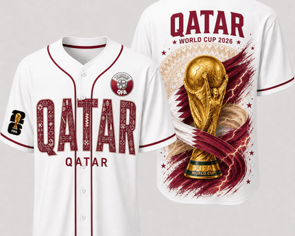 Qatar World Cup 2026 Fully Printed Baseball Jersey - White - 230GSM