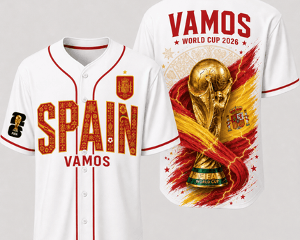 Spain World Cup 2026 Fully Printed Baseball Jersey - White - 230GSM
