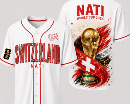 Switzerland World Cup 2026 Fully Printed Baseball Jersey - White - 230GSM
