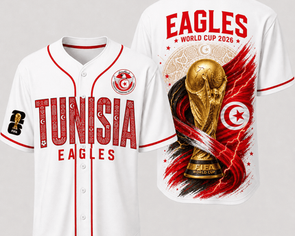 Tunisia World Cup 2026 Fully Printed Baseball Jersey - White - 230GSM