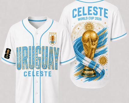 Uruguay World Cup 2026 Fully Printed Baseball Jersey - White - 230GSM