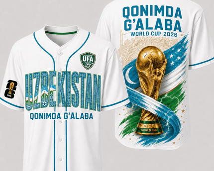 Uzbekistan World Cup 2026 Fully Printed Baseball Jersey - White - 230GSM
