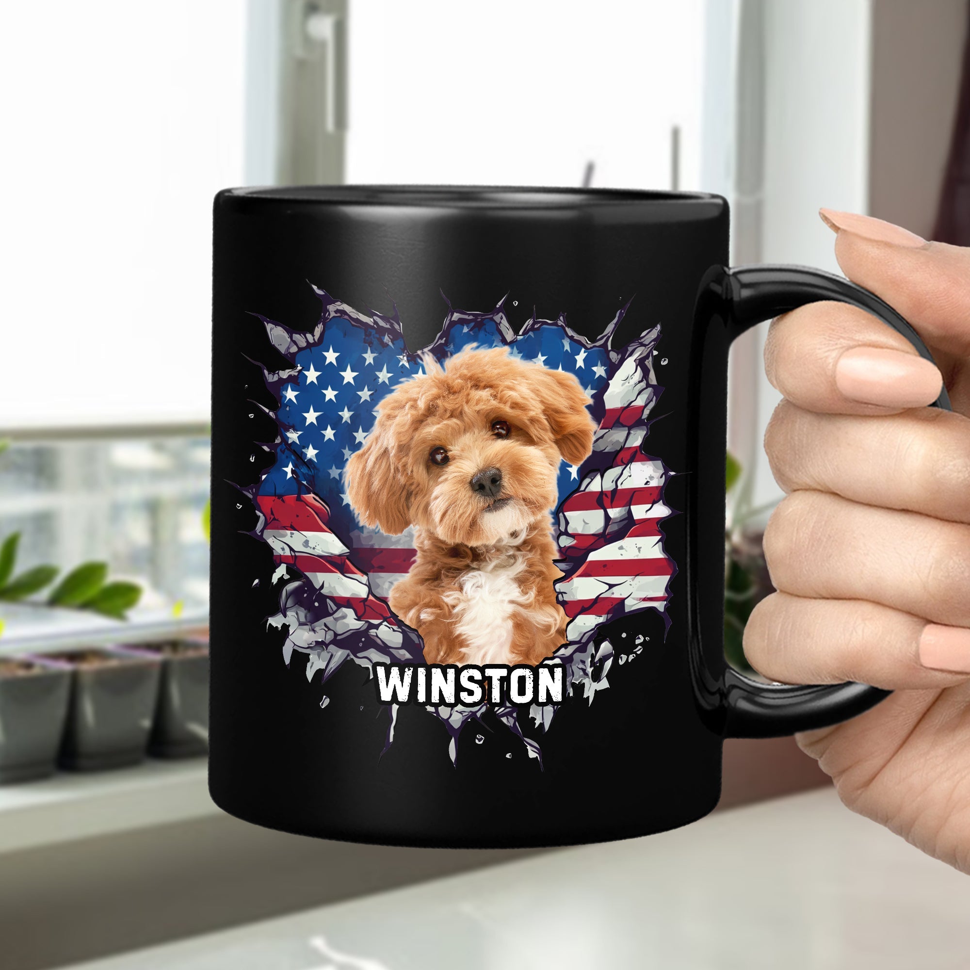 Custom Photo Dog Cat With American Flag Black Mug