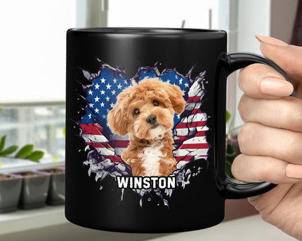 Custom Photo Dog Cat With American Flag Black Mug