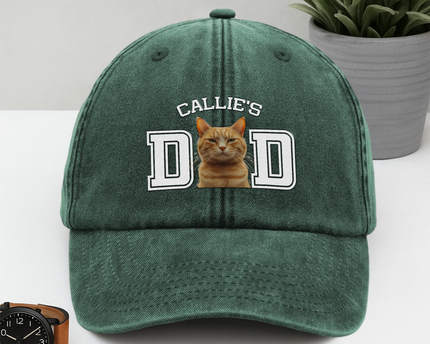 Custom Photo Dog Cat Dad Washed Denim Baseball Cap