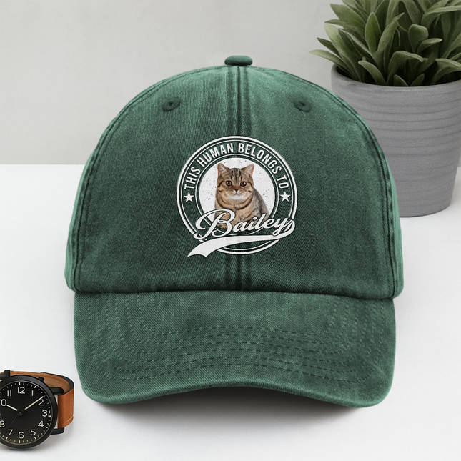 Custom Photo Human Belongs To Dog Cat Pet Washed Denim Baseball Cap