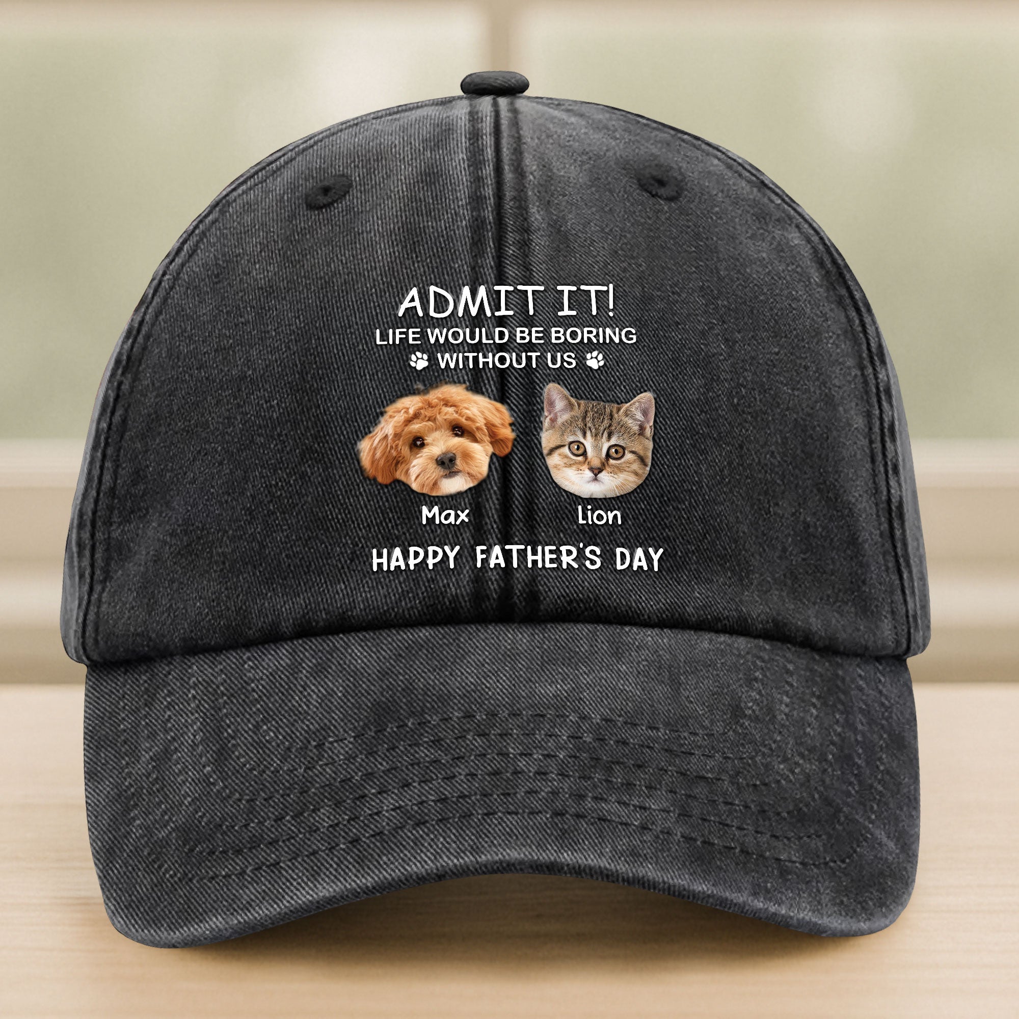 Custom Photo Life Would Be Boring Without Me Dog Cat Washed Denim Baseball Cap