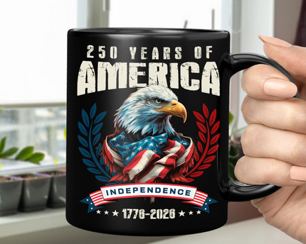 USA 250 Years Eagle Independence Day Patriotic Black Mug
