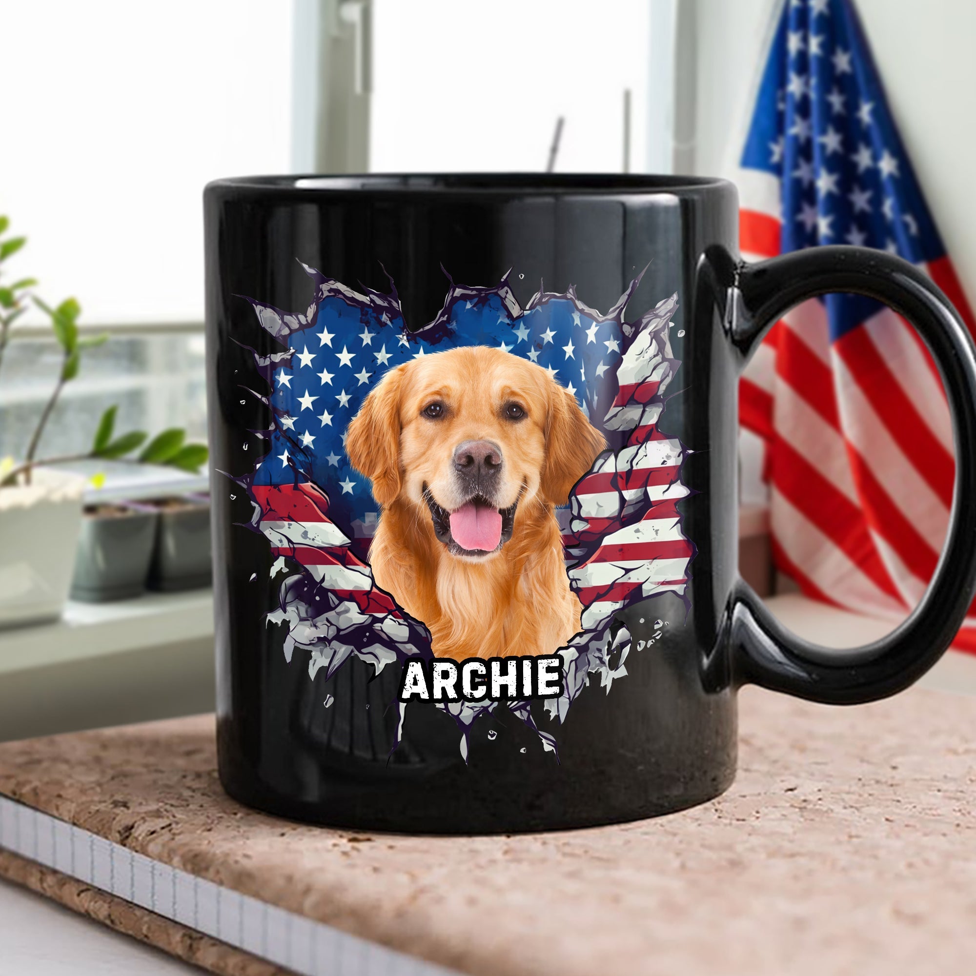 Custom Photo Dog Cat With American Flag Black Mug