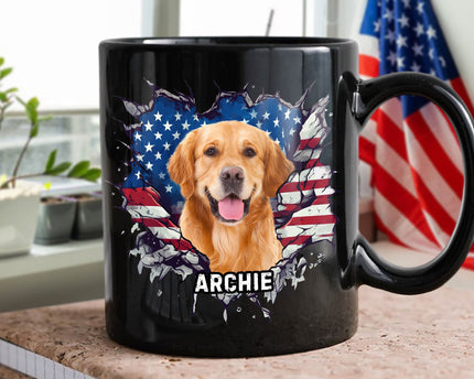 Custom Photo Dog Cat With American Flag Black Mug