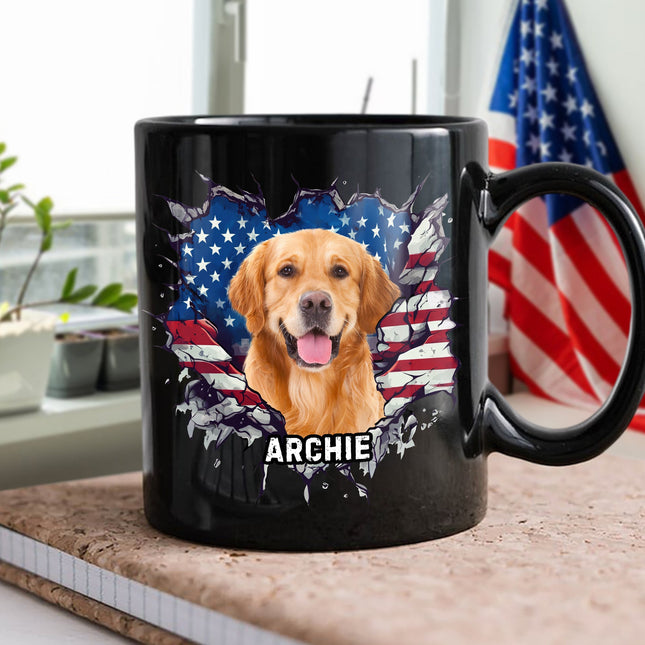Custom Photo Dog Cat With American Flag Black Mug