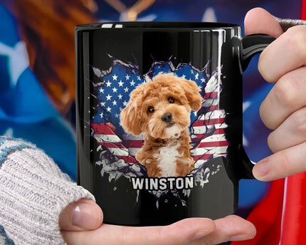 Custom Photo Dog Cat With American Flag Black Mug
