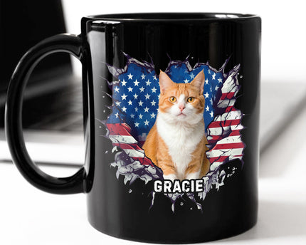 Custom Photo Dog Cat With American Flag Black Mug