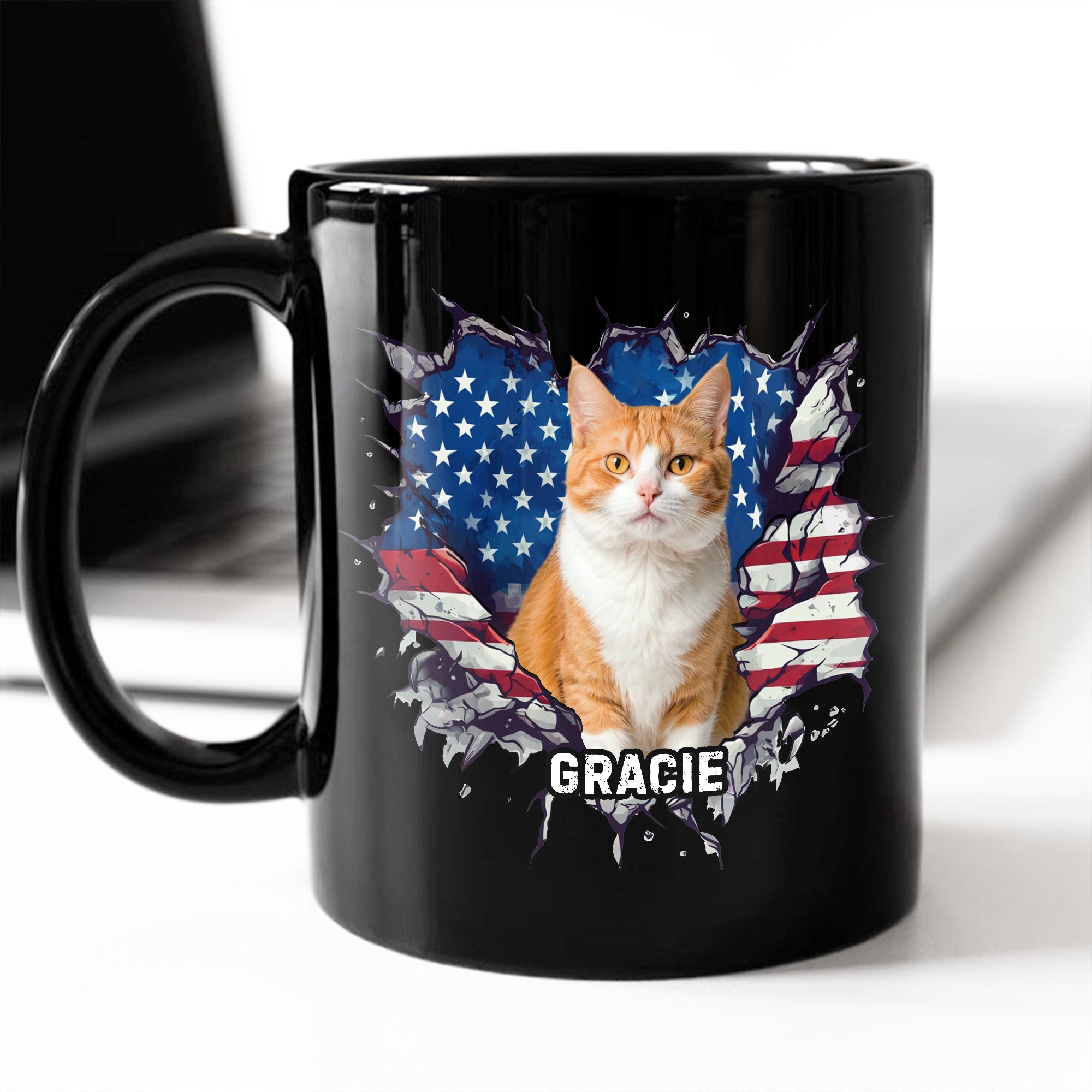 Custom Photo Dog Cat With American Flag Black Mug